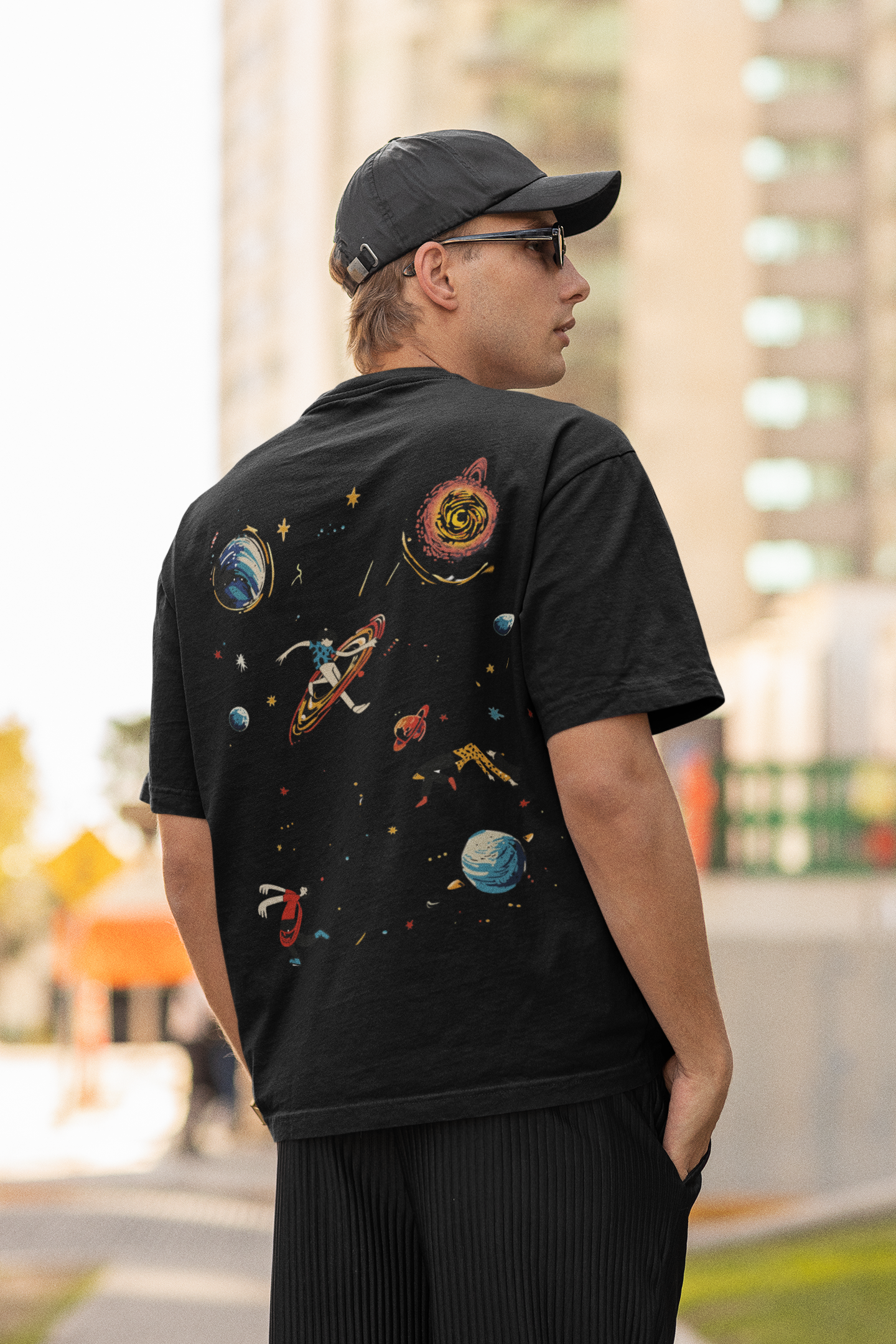 Black Cosmic Blaze Graphic Printed Oversized T-Shirt
